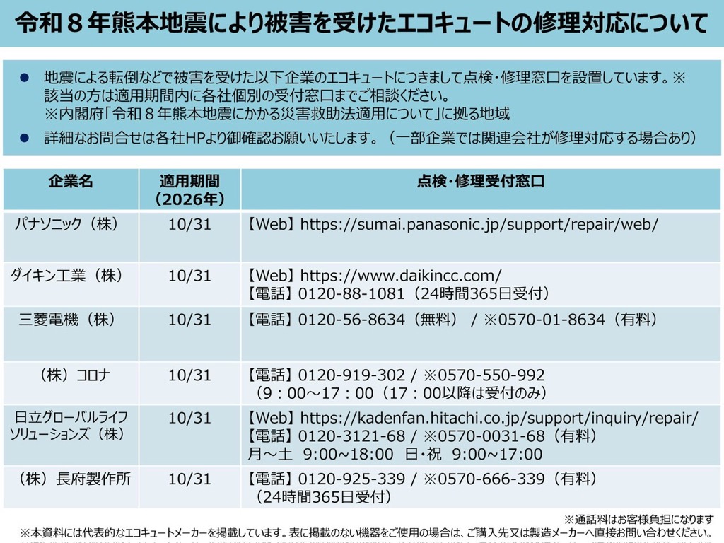 エコキュート修理窓口一覧